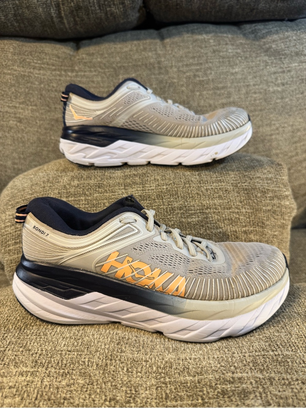 Hoka Women’s Bondi 7 Running Shoes - Light Gray, Navy & Orange Size US 8D